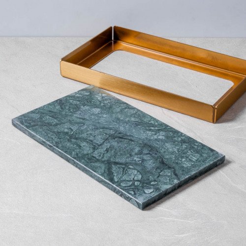 Rectangular Marble Tray Golden Frame 28.6cm x 16.5cm - Green