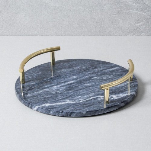 Round Marble Tray with Gold Handle - Black 25.3 cm