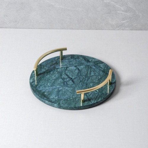 Round Marble Tray with Gold Handle - Green 25.3 cm