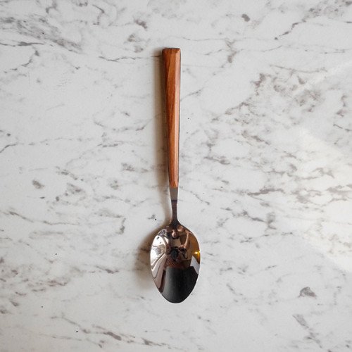 Wooden Accent Silver Dessert Spoon