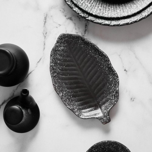 Black Kemuri Leaf Shape Salad Plate 8" 4